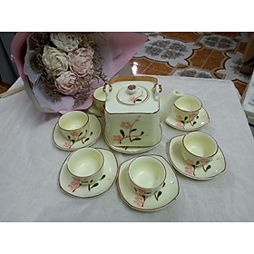 Mua Bộ ấm chén men kem vẽ hoa đào đỏ gốm sứ Bát Tràng