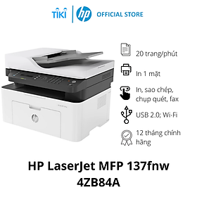 Máy in đa chức năng (In, copy, scan, fax, wifi) đen trắng HP LaserJet MFP 137fnw_4ZB84A – Hàng chính hãng