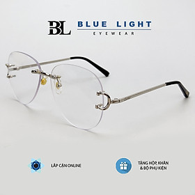 BLUE LIGHT - Gọng Kính Cận, Kính Giả Cận Mắt Khoan Phi Công Tròn To, Không Viền, Gọng Kim Loại Bạc, Vàng