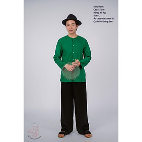 Bộ áo bà ba nam phối áo cate xanh lá + Quần cate đen - Có bộ bà ba Bigsize - A xanh +Q đen