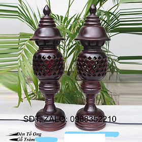 Mua CẶP ĐÈN TỔ ONG GỖ TRÀM CAO 34CM MÀU ĐEN NÂU TRANG TRÍ BÀN THỜ