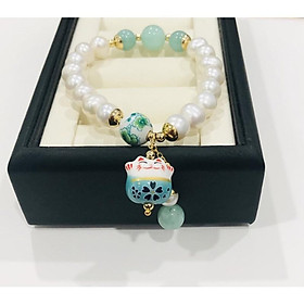 Vòng Tay Ngọc Trai Nhân Tạo 8 Ly Mix Charm Sứ Hình Mèo May Mắn, Vòng tay Ngọc Trai Nước Ngọt Dễ Thương - Trường Thịnh Ngọc Trai