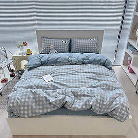 Bộ vỏ chăn ga gối cotton tici LIDACO họa tiết kẻ đôi mắt hiện đại bo chun đủ mọi cỡ nệm