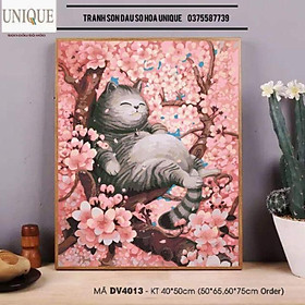 Mua Tranh sơn dầu số hóa mã DV4013 Mèo hoa đào size 40x50cm đã căng khung và đầy đủ phụ kiện