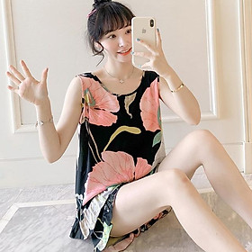 Bộ đồ mặc ở nhà dành cho nữ, bộ áo ba lỗ và quần đùi nhún bèo vải lanh mặc nhà mềm mát, trẻ trung size 35 - 75 kg