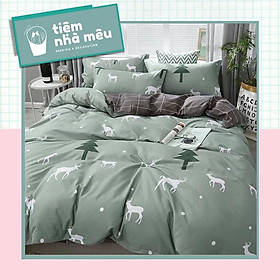 Bộ Chăn Ga Gối Cotton 3Dm6/m8/2m-Tiệm Nhà MêuSet 4 Món 2 Vỏ gối ,drap , vỏ chăn Cotton Hươu Trắng Nền Xanh Nhập Khẩu