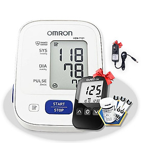 Máy đo huyết áp bắp tay Omron HEM-7121 + Tặng bộ đổi nguồn (OEM) + Tặng máy đo đường huyết Gluneo Lite Hàn Quốc