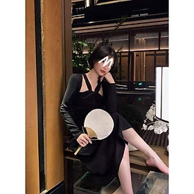 Đầm Xòe Nữ Dự Tiệc Xoắn Cổ Tay Dài Trắng Đen Hot Hit BY8353