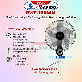 Quạt Treo Tường RWF-16AWM - Có 2 Dây Giựt Điều Khiển - Công Suất 52W - Hàng Chính Hãng - Bảo Hành 12 Tháng