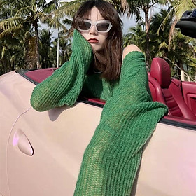 MS658 Áo len dệt kim mỏng tay phồng đi biển