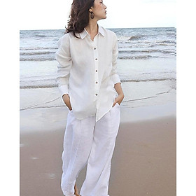 Hình ảnh Set bộ áo sơ mi dài tay Linen Tưng Premium kèm quần ống rộng trẻ trung  (Áo trắng + Quần trắng)