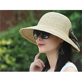 Mũ cói vành nhỏ gắn nơ thời trang, nón cói tròn nơ đi biển cao cấp