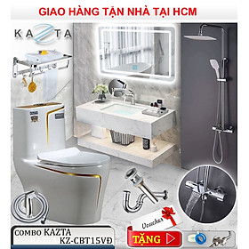 Mua Combo Thiết Bị Nhà Tắm Cao Cấp KAZTA KZ-CBT15VĐ: Bồn Cầu 1 Khối Viền Vàng - Sen Tắm Chỉnh Nhiệt - Gương LED - Lavabo Bàn Đá 2 Tầng - Vòi và phụ kiện