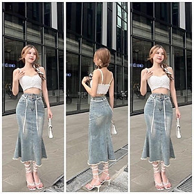 Chân Váy Jean Chữ A Đuôi Cá Cạp Cao Cá Tính Thời Trang