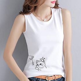 Áo Thun Ba Lỗ Nữ In Hình Con Mèo, Kiểu Sát Nách Cotton 4 Chiều Đa Năng Dễ Mặc- SN105 Sally Boutique