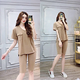 Đồ bộ lửng mặc nhà cổ tim nắp túi thun cotton mát mịn