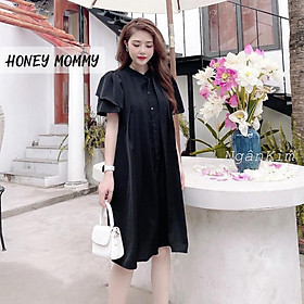  Váy Bầu Sơ Mi Cổ Tàu Xếp Ly Dáng Suông Công Sở HD2626 Honey Mommy Đầm Bầu Hè Ngắn Tay