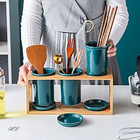 Ống đũa sứ 3 - Khay tre- Decor phong cách Bắc Âu