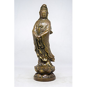 Tượng Phật Bà Quan Âm đồng đứng trên tòa sen cao 25cm