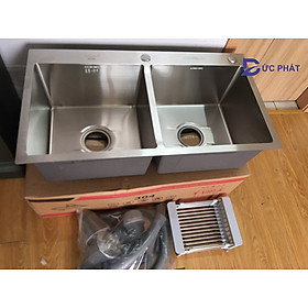 Chậu Rửa Bát INOX 304 không rỉ Tặng rổ rút đa năng, chậu rửa bát đúc 2 hố cân hoặc lệch kích thước 82x45cm