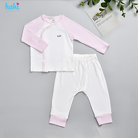 Bộ quần áo sơ sinh cài chéo, tay raglan phối màu vải Bamboo cao cấp Haki BB036, set dài tay cho bé trai bé gái từ 2,5 - 8kg, bộ sơ sinh sợi tre cho bé hàng chính hãng HAKI