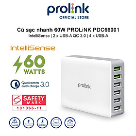 Củ sạc nhanh 60W PROLiNK PDC66001, 6 cổng 2xUSB-A QC 3.0 & 4xUSB-A, IntelliSense, sạc điện thoại, máy tính bảng, laptop - Hàng chính hãng