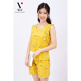Đồ bộ mặc nhà – Bộ đồ ngủ nữ - Set đồ mặc nhà – Bộ đùi nữ mặc nhà – Bộ đũi mặc nhà  áo tay bèo nhún, quần sooc Vicci DS.68 phối hoạ tiết