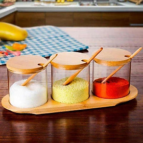 Bộ 3 hũ gia vị thủy tinh nắp gỗ sang chảnh