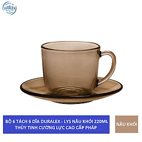 {Hàng chính hãng} Bộ 6 tách và 6 dĩa thủy tinh cường lực Pháp Duralex Lys 220 ml (Nâu khói Creole/ Xanh Saphir/ Vàng Amber)