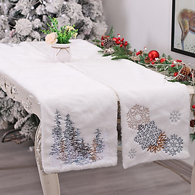 Khăn trải giữa bàn table runner lông bông tuyết cây thông trắng chủ đề giáng sinh