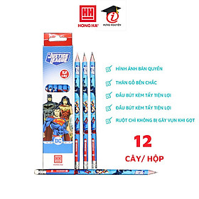 Hộp 12 bút chì 2B Hồng Hà có tẩy thân lục giác Justice League hình siêu nhân 3506