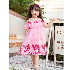 Đầm babydoll tay cánh tiên cho bé gái gấu dâu Lotso xinh xắn từ 12-40kg hàng thiết kế