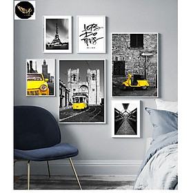 Mua Bộ 6 Tranh treo tường kèm khung màu gỗ   pari vàng  hiện đại   Tặng kèm khung và đinh ba chân treo tranh chuyên dụng PVP-TP232