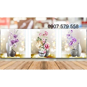 Tranh thêu bộ 3 bình hoa tím kt 122x42 cm