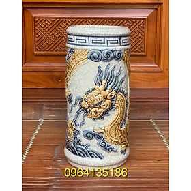 Mua Ống đựng hương thờ men rạn đắp rồng nổi h22cm gốm sứ Bát Tràng