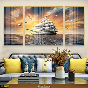 Tranh Canvas Thuyền Buồm Lướt Sóng Phong Thủy Tài Lộc - Bộ 3 Bức Decor Phòng Khách Đẹp