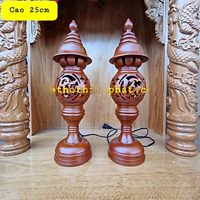 Cặp đèn thờ gỗ xà cừ cao 25cm phúc lộc thọ màu nâu mẫu mới