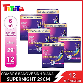 COMBO 6 G&oacutei Băng vệ sinh Diana Si&ecircu thấm Supernight 29cm 12 miếng/g&oacutei