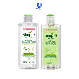 Bộ làm sạch và cân bằng da da Simple: Nước hoa hồng Soothing Toner 200ml + Nước Tẩy Trang Simple Micellar Water 200ml