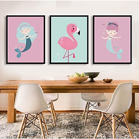 Bộ 3 tranh treo tường canvas trang trí phòng cho bé yêu hình Nàng Tiên Cá