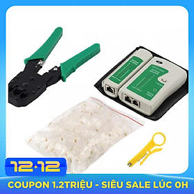 Combo Kìm Bấm Hạt Mạng(RJ45+RJ11) + 100 Hạt mạng RJ45 + 100 đầu chụp hạt mạng + Hộp Test mạng