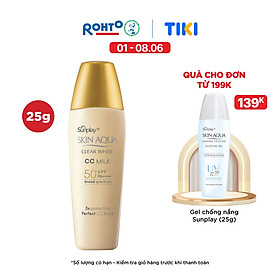 Kem chống nắng Skin Aqua trang điểm tạo nền trắng mịn & đều màu dạng sữa Sunplay Skin Clear White CC Milk SPF 50, PA++++ 25g