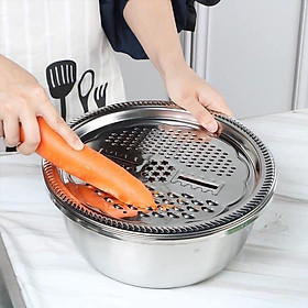 Rổ bào inox có chậu, Mâm nạo củ quả tiện lợi 3 trong 1