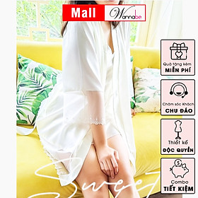Áo choàng ngủ phi lụa WANNABE KIS06 áo khoác kimono lai áo, lai tay phối ren xinh xắn nữ tính sang trọng