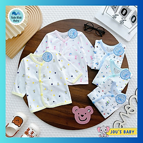 Túi 5 Áo Sơ Sinh Cotton Tay Dài Cài Nút Xéo Họa Tiết JOU - Size 1,2,3 cho bé sơ sinh -9kg