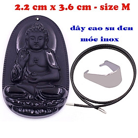 Mặt Phật A di đà đá thạch anh đen 3.6 cm kèm vòng cổ cao su đen - mặt dây chuyền size M, Mặt Phật bản mệnh
