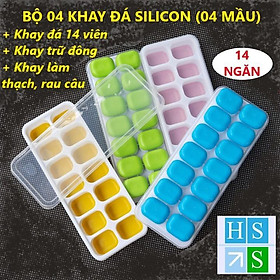 Mua SET 04 Khay đá silicon (14 ngăn   4 mầu) có nắp đậy không dính mùi thực phẩm  làm rau câu  làm kem  khay trữ đông ăn dặm