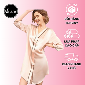 Váy ngủ nữ, váy lụa cao cấp VILADY - V119 kiểu cổ V tay lỡ phối viền màu San hô, chất liệu lụa Pháp ( lụa latin)