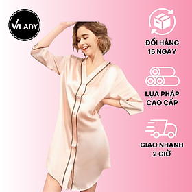 Váy ngủ nữ, váy lụa cao cấp VILADY - V119 kiểu cổ V tay lỡ phối viền màu San hô, chất liệu lụa Pháp  lụa latin - M