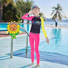 Đồ bơi cho bé gái dài tay từ 10-39kg - đồ bơi trẻ em chất liệu vải polyester tay áo in hoa